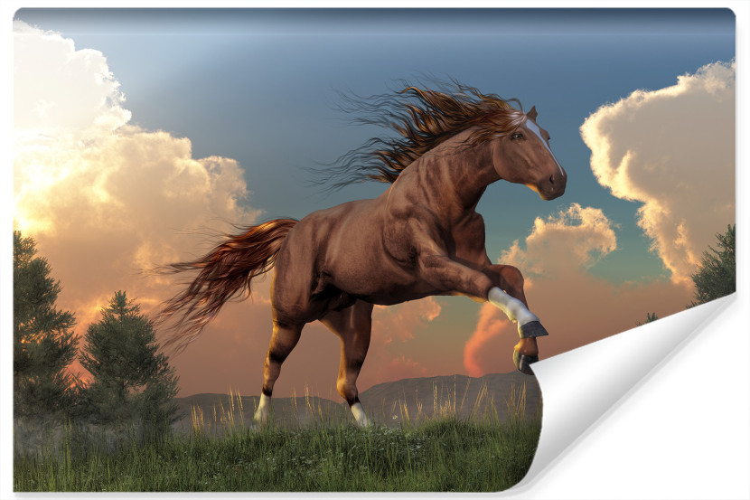 Fototapeta KASZTANOWY Koń Góry Natura 3D 90x60cm