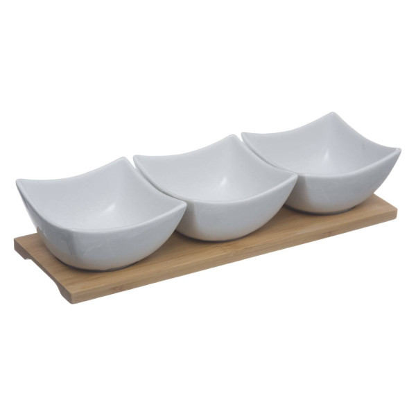 Zestaw do dipów, porcelanowe miseczki na bambusowej tacy
