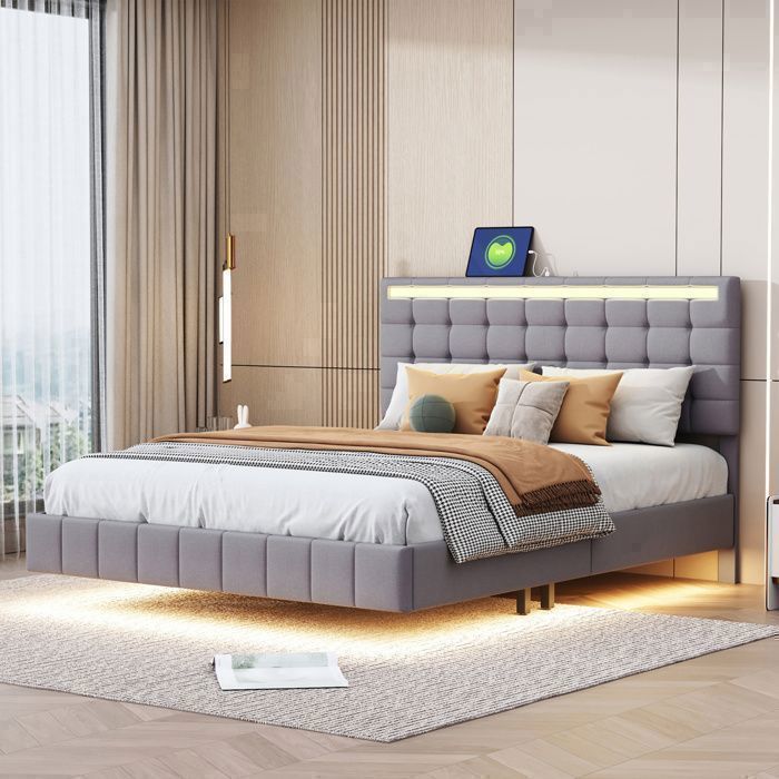 Zwevend bed 140x190 cm met LED-verlichting, bedframe, DAIDAI, lattenbodem, 140x190 cm, Scandinavische stijl, grijs linnen