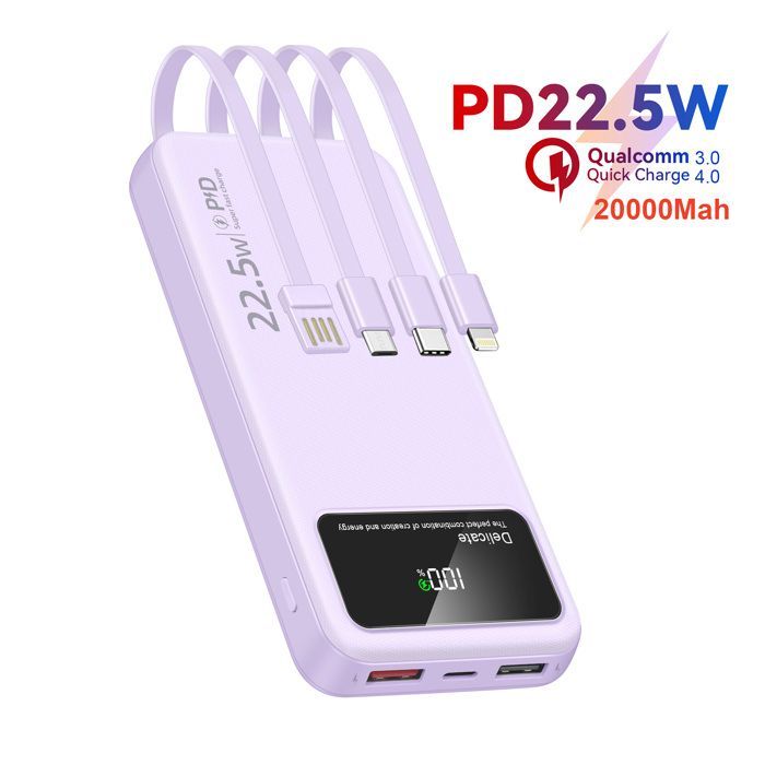 Purple 20000mAh External Battery - Slim Power Bank - 4 Integrated Cables, 6 Outputs, 3 Inputs - LED Display - Compact