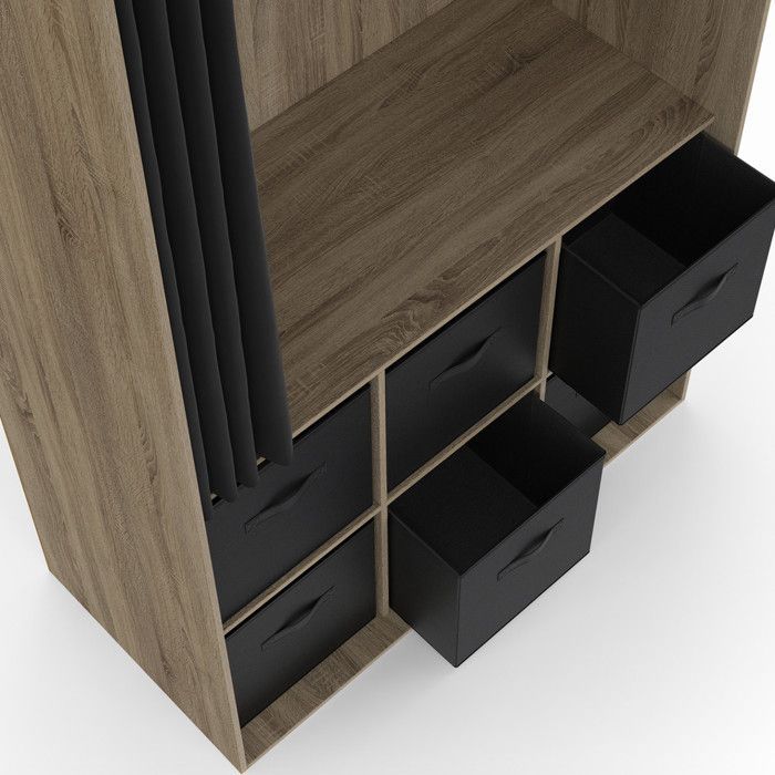 IDMARKET DIANE Wardrobe 104 x 50 x 172 cm Beech with 6 Storage Boxes + Black Curtain