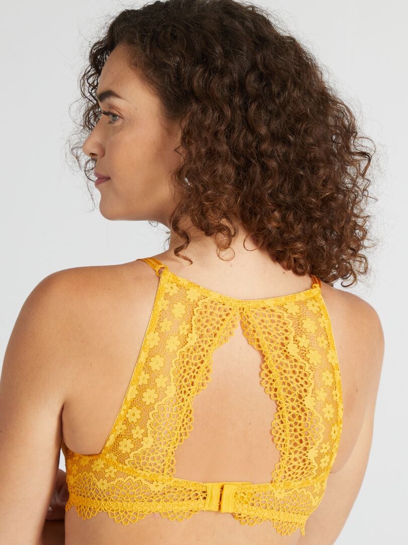 Sutiã de renda volumizador com costas cruzadas - Amarelo