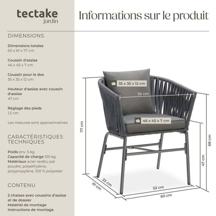 Sedie da giardino - TECTAKE - Set di 2 sedie VALEIRAS con effetto corda intrecciata e rivestimenti sfoderabili, 60 x 61 x 77 cm - Grigio