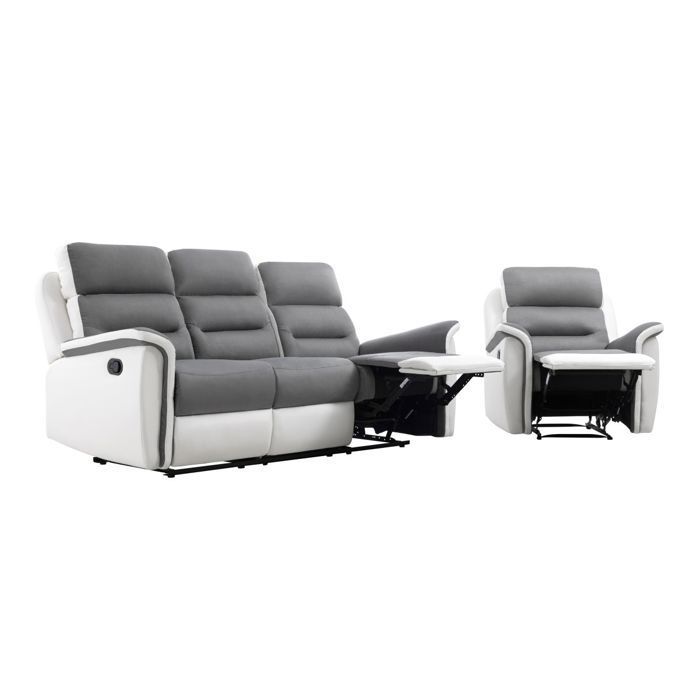Sofá reclinable de 3 plazas y 1 sillón LÉOn'en de piel sintética blanca y gris - LOUNGITUDE
