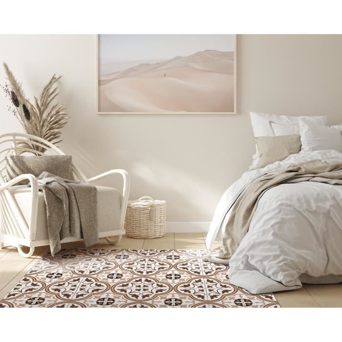 Tapis Vinyle Panorama Carreaux Ciments Fleur Brun 40x80 cm - Tapis pour Cuisine, Bureau et Salon en PVC