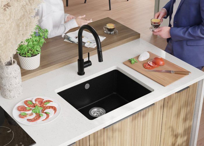 Primagran Venice Easy 56x44cm Unterbauspüle, 1-Becken-Granitspüle + Abflussgarnitur, komplett schwarz