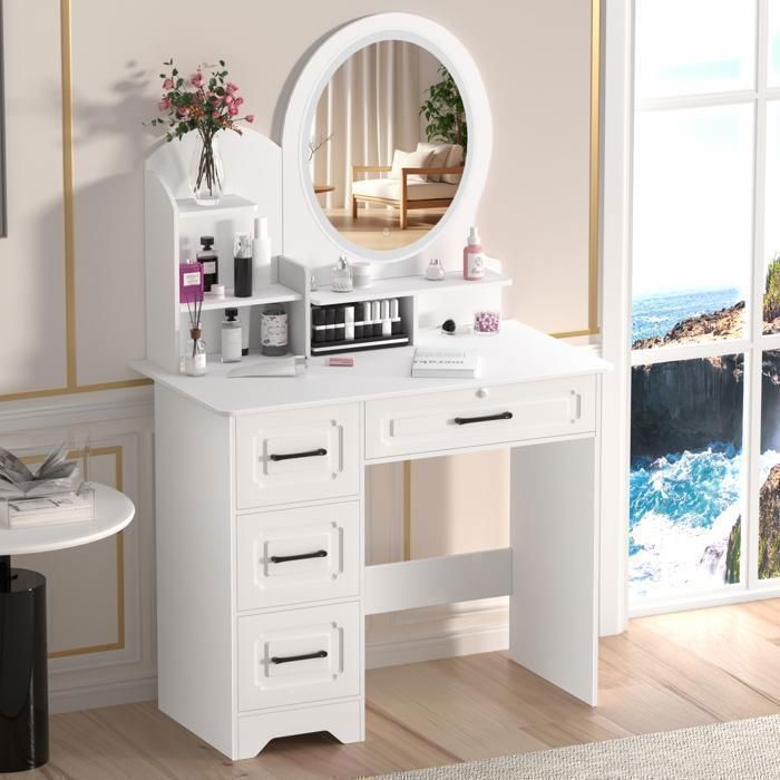 Coiffeuse avec miroir LED - Moderne - 4 tiroirs 6 compartiments  - 80x40x137cm - Blanc