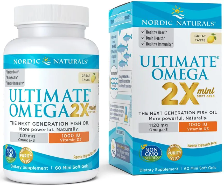 Nordic Naturals Ultimate Omega 2x Mini z Witaminą D3 1120 mg, Smak cytrynowy, Kapsułki