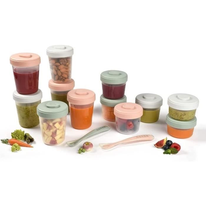 BÉABA - Confezione da 12 porzioni e 2 cucchiai in silicone - Kit per il primo pasto - Eucalipto