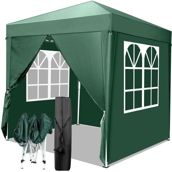 Cenador plegable de jardín de 2x2 m, carpa impermeable para fiestas con 4 lados, revestimiento protector plateado, protección UV.