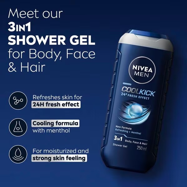 NIVEA Men Cool Kick 3 viename dušo želė<br>250 ml - normaliai odai