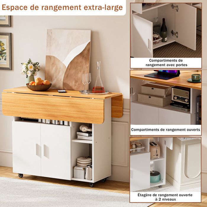 Table Roulante Pliable avec Roues et Porte - Table à Manger 100x70cm -Plateau Extensible et Étagère - pour Cuisine/Salon - Jaune