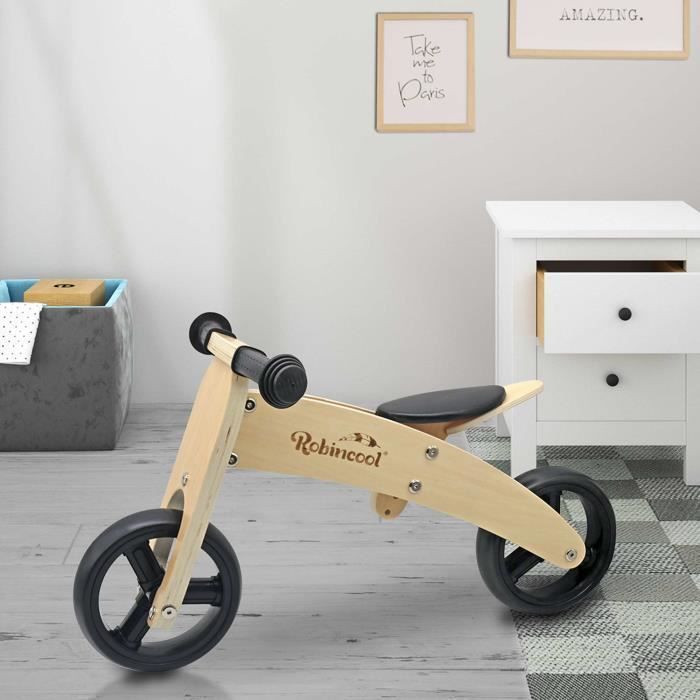 Robincool Fast Wheels Montessori loopfiets 63x32x36 cm, om te bouwen tot een driewieler, milieuvriendelijk, hout, kleur naturel en zwart.