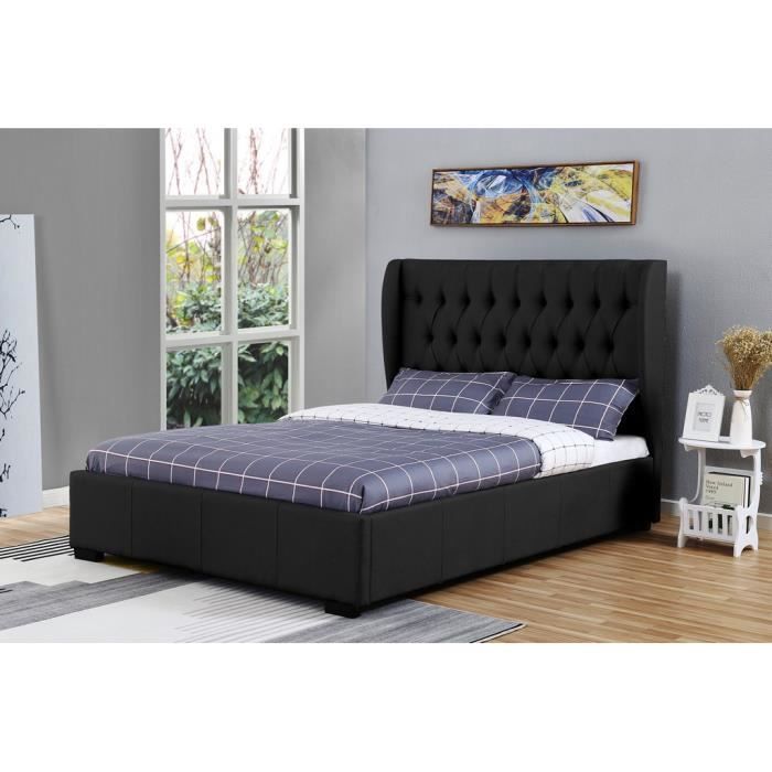 Cama Clarisse tapizada con almacenamiento en tela de lino negra (160 x 200 cm)