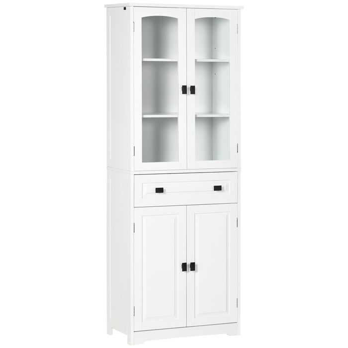 Aparador de cocina - HOMCOM - armario alto con 4 puertas (2 de cristal), 1 cajón, estantes ajustables - madera - altura 160 cm - blanco