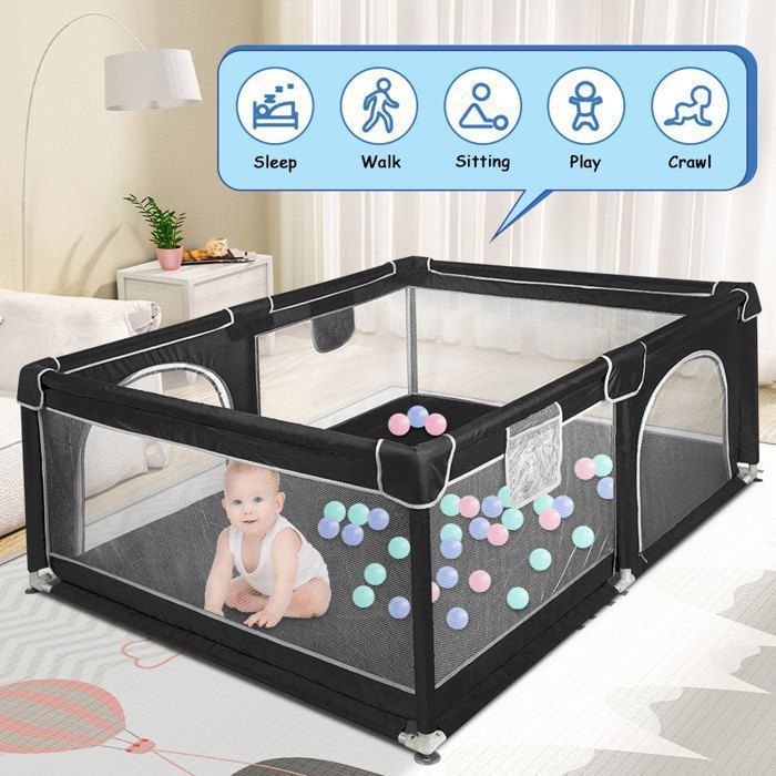 Parque infantil de 160x120 cm - MIPAN - Parque de actividades para niños con base - Plegable - Parque XL para niños pequeños con puerta con cremallera - Negro