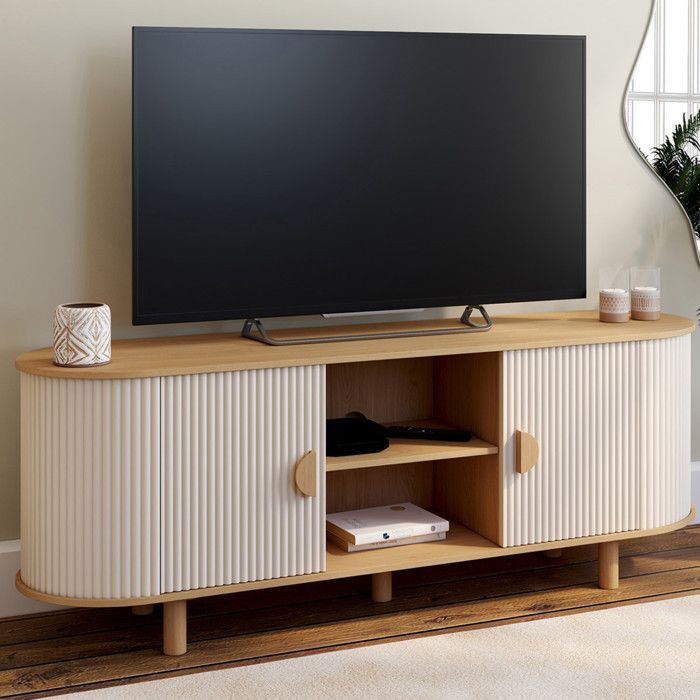 Mobile porta TV IDMARKET KANEL da 140 cm con 2 ante, finitura beige scanalata e legno.