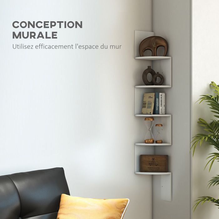Étagère d'angle murale - HOMCOM - rangement forme zigzag 5 niveaux gain de place - bois - 20x20x126cm - blanc
