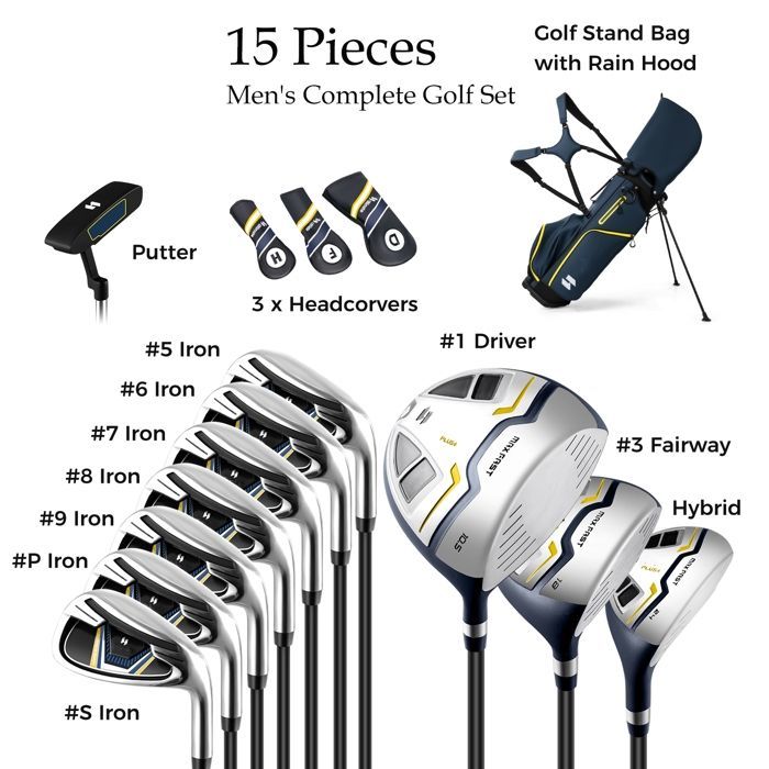 Ensemble de Clubs de Golf pour Hommes, 15 Pièces avec Sac-10 Battes-Pilotes-Fers-Hybride-Fairway-Putter, 3 Couvercles de protection