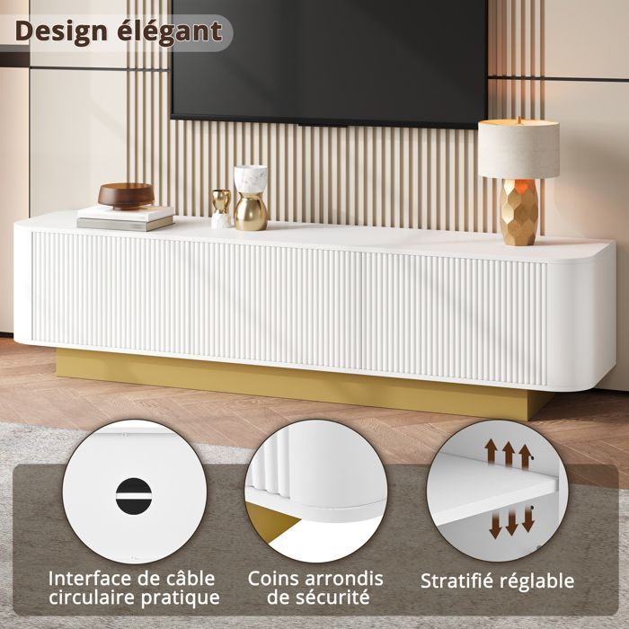 Meuble TV blanc moderne 170 x 40,5 x 47 cm Meuble TV bas avec 3 portes de rangement et étagères réglables Design arrondis