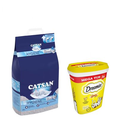 Pacote com 20 litros de areia higiênica Catsan Hygiene Plus + petiscos Dreamies para gatos!*