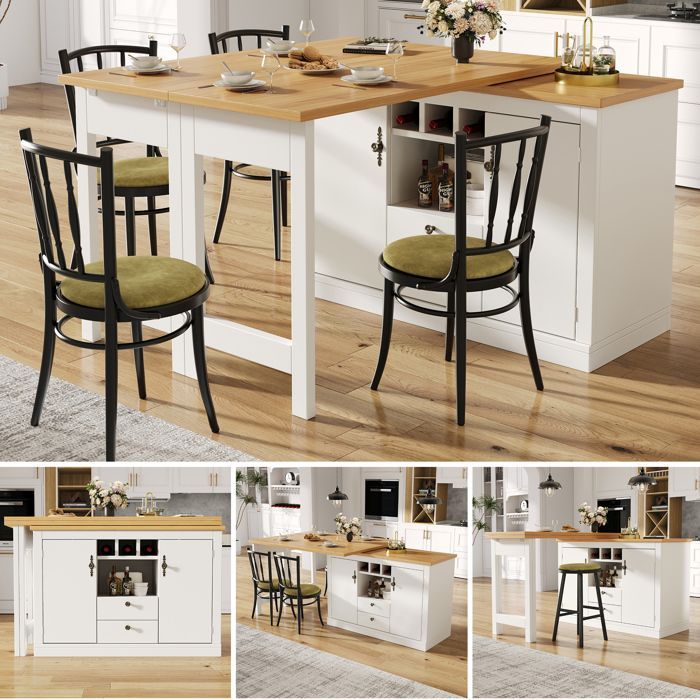 Îlot de Cuisine Extensible 120-180 cm  Blanc avec Rangement et Porte-Bouteilles, Table de Repas Pivotante 360°, Table Haute