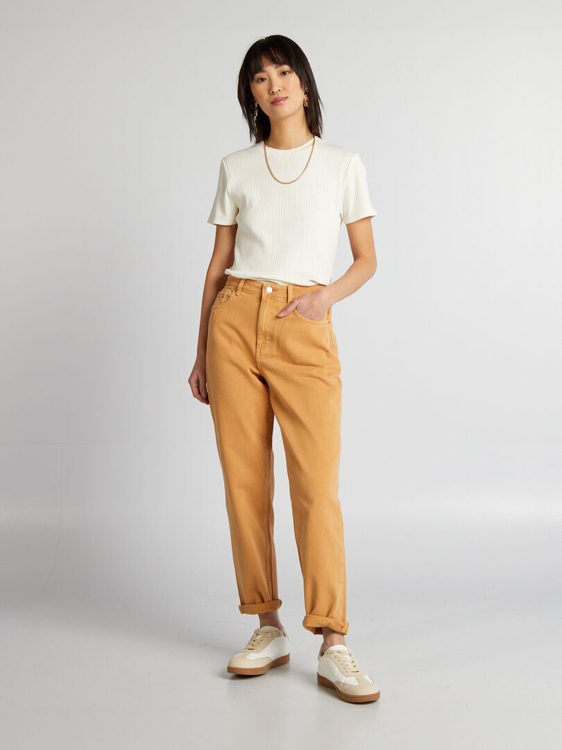 Geribbeld T-shirt met ronde hals - BEIGE