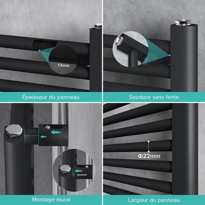 Radiador toallero para baño doporro de 140x50cm, calefactor eléctrico gris-negro con elemento calefactor de 800W.