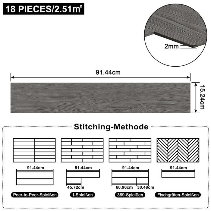 Revêtement de sol PVC - XMTECH - Autocollant - 2,5 m² - Antidérapant - Aspect bois gris foncé