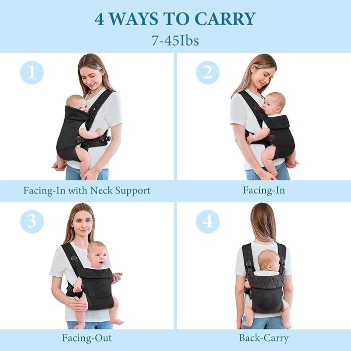 Canguru para Bebê XJYDNCG, em Tela Respirável, Design Ergonômico 4 em 1, Adequado para Recém-Nascidos e Crianças de 3,18 a 20 kg - Preto