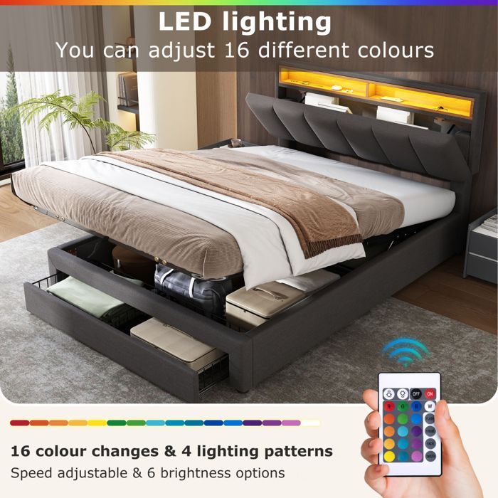 Letto contenitore 160 x 200 cm, letto 160x200 con rete a doghe, letto per adulti con 2 cassetti e illuminazione a LED, struttura letto con testiera, grigio, lino