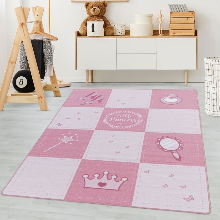 Alfombra infantil Carpetsale24 con estampado de cuadros de princesita, color rosa, 80x120 cm, alfombra para dormitorio infantil, alfombra para habitación de bebé.