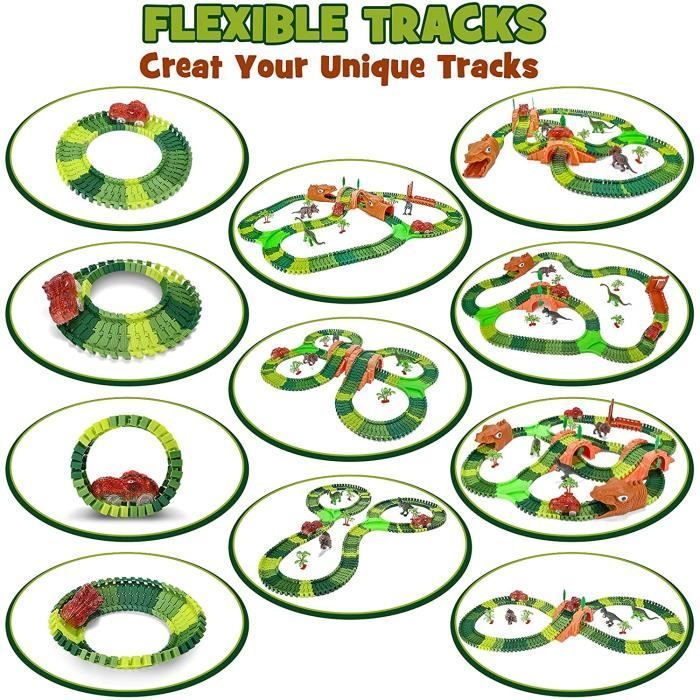 Pista de coches de juguete de dinosaurios para niños, set de 265 piezas con 2 coches de juguete con luces, circuito de pista flexible.