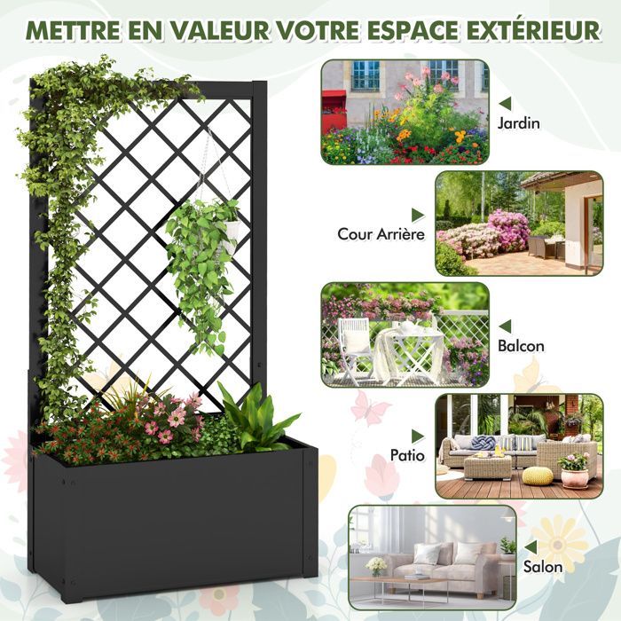 Jardinière avec Treillis - RELAX4LIFE - Bac à Fleurs Métallique - Résistance aux Intempéries - pour Terrasse - 63X31X112CM - Noir