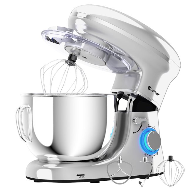 Costway 6-Gang-Küchenmaschine mit 660 W, Knethaken, Schneebesen und Rührbesen, 6,3-Liter-Küchenmaschine mit kippbarem Motorkopf, Weiß