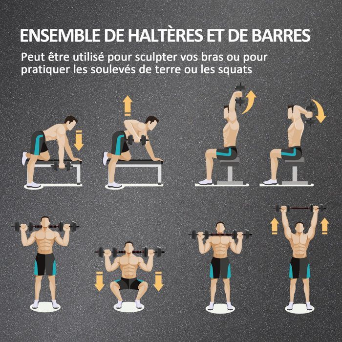 Juego de mancuernas ajustables 2 en 1 HOMCOM de 15 kg en total - Barras incluidas - Entrenamiento muscular y levantamiento de pesas