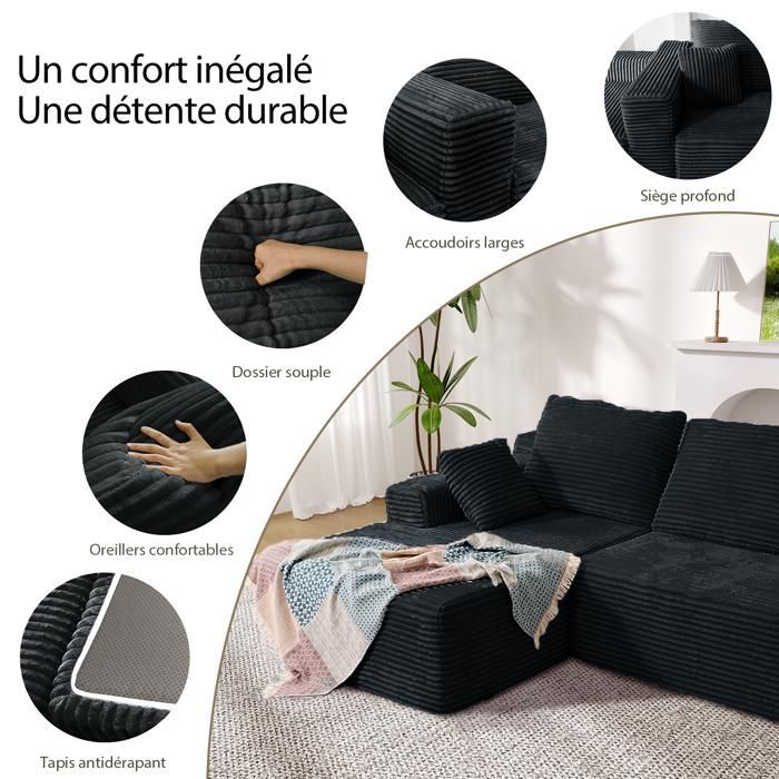 Canapé d'angle gauche 263x171x 59cm  4 places, combinaison libre, sans assemblage canapé en L avec méridienne Noir en Velours cotelé