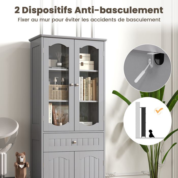 Mueble columna de baño COSTWAY, alto, con 4 puertas, 1 cajón y 2 estantes ajustables, para baño y cocina, 60x30x160 cm, gris.