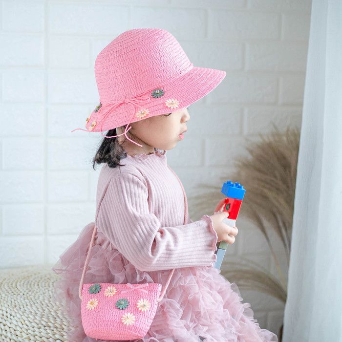 Conjunto de sombrero de paja y bolso para niña FUNMOON, pequeño, de 2 piezas, con estampado floral, nueva colección - 592091