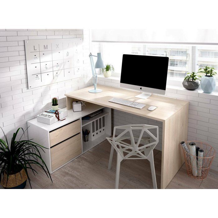 Escritorio Dmora - Andor, 139 x 92 x 75 cm, blanco brillante, roble, panel efecto madera.