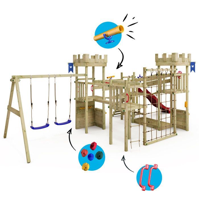 WICKEY Smart Arch Castle Speelgebied met 220 cm rode glijbaan, schommels en hangbruggen – 10 jaar garantie*