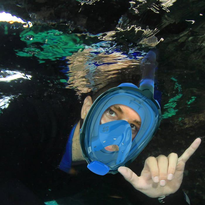 Bleu Noir Masque de Plongée Intégral 180° avec Support Caméra de Sport,Anti-buée Masque Snorkeling pour Adultes/Enfants(S/M)