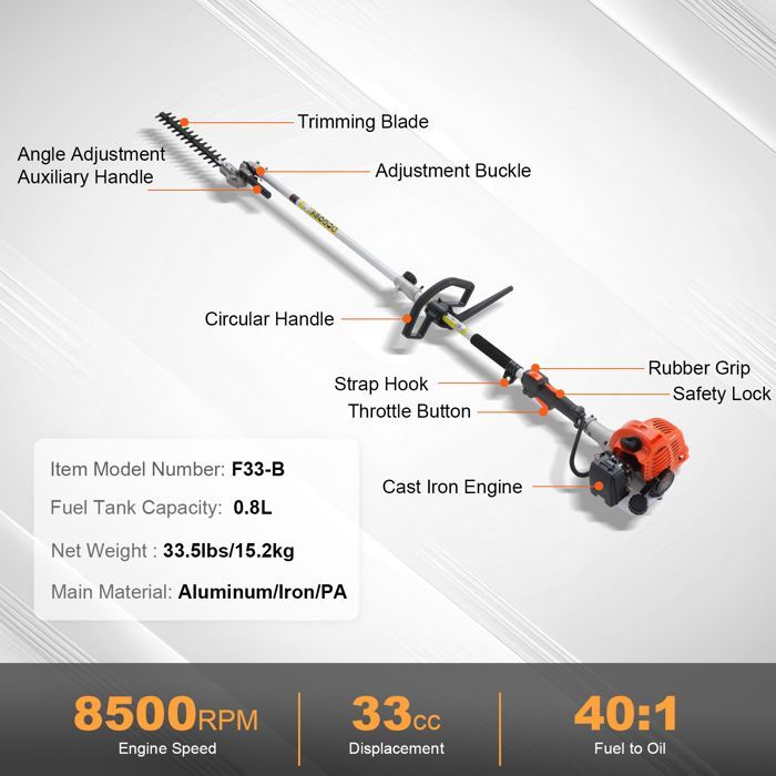 Herramientas de corte - VEVOR - F33-B - Cortasetos a gasolina de 33 cc - Multifuncional 6 en 1 - Motor de 2 tiempos