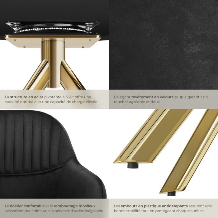 Chaise - TECTAKE - Fauteuil LONA pivotant à 360° avec rembourrage épais et dossier arrondi 56 x 59 x 81 cm - Noir/Or