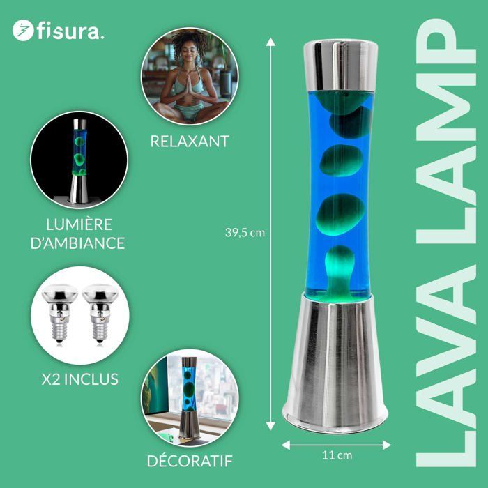 Lâmpada de Lava - FISURA - Lâmpada de Lava Azul - Base Cromada - Lâmpada de Substituição - 11 x 11 x 39,5 cm