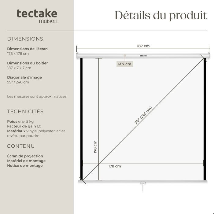 Pantalla de proyección - TECTAKE - Pantalla de proyección extensible de poliéster de 178 x 178 cm - Blanca