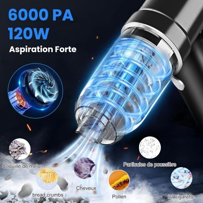 Aspirapolvere per auto senza fili Virex® - 6000 Pa - Aspirapolvere e soffiatore 2 in 1 - 120 W - Portatile - Ricaricabile
