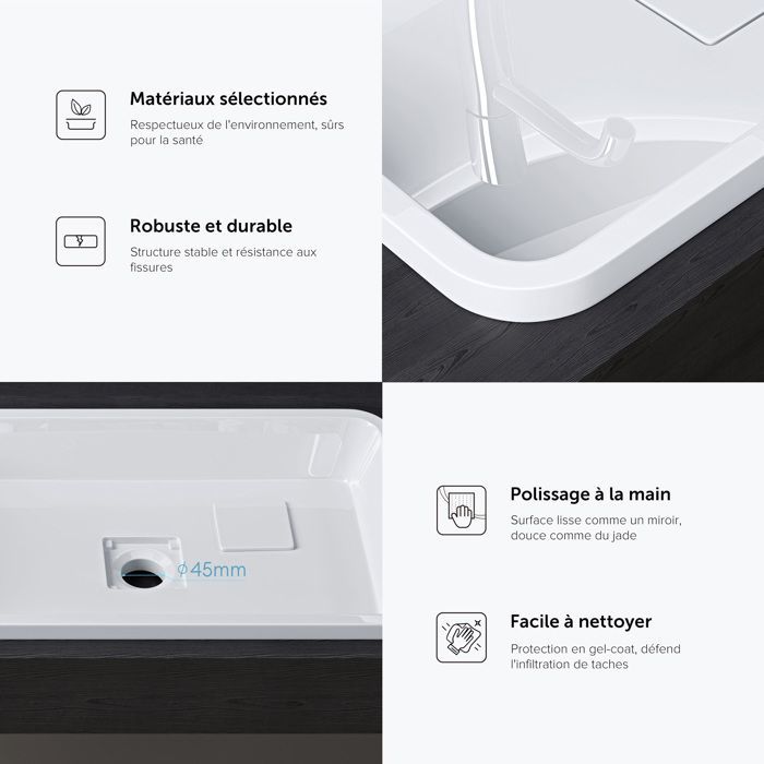 Lavabo empotrado Doporro, blanco, 53 x 33 x 10,5 cm, lavabo rectangular con tapa de desagüe, Colossum104