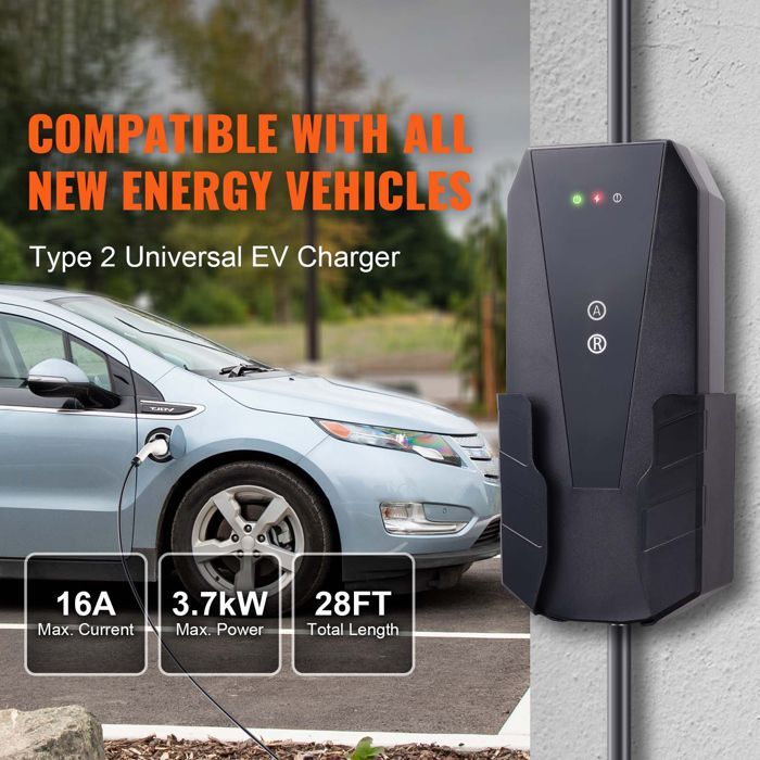 Cargador portátil para vehículos eléctricos tipo 2 - Duoku - 16 A 3,7 kW - con cable de carga de 8,5 metros - Enchufe CEE 7/7 - IEC 62196