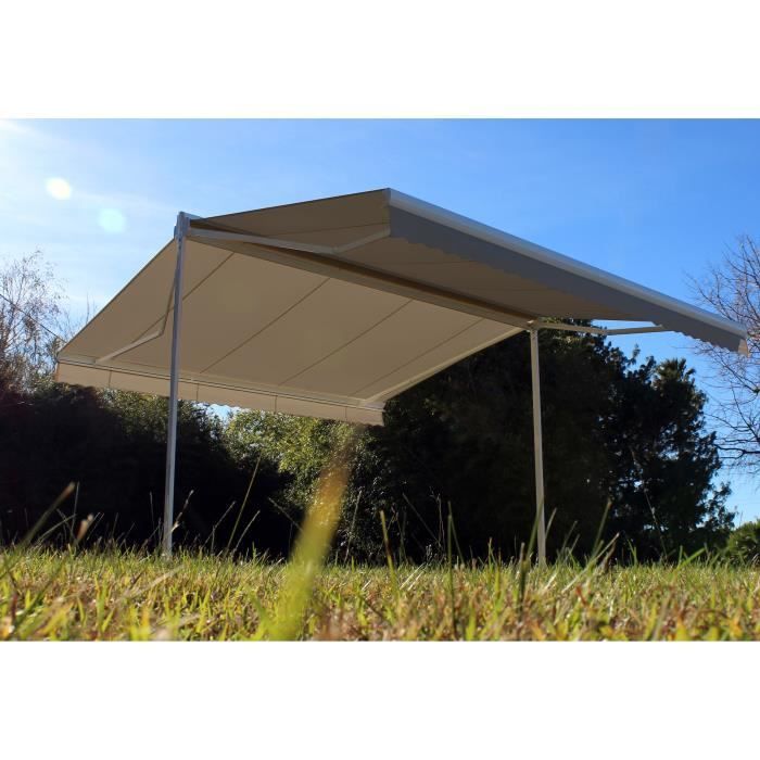 Store double pente motorisé 6x3x2 m - Toile taupe et structure blanche satinée - GARDEN OMBRAZUR